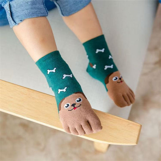 1 Pair Kids Five Toes Socks Crew Length Non Slip Cute Animal Patterns