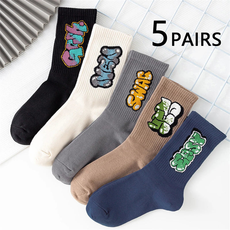 Men's Fashion Crew Socks Multicolour Graffiti Lettering Street Style 5 Pairs