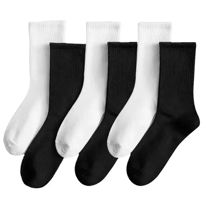Men's Polyester Casual Calf Socks Solid Colour In White and Black Streetwear 6 Pairs
