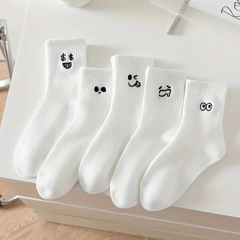 5 Pairs Women's Crew Socks Cute Expression Pattern Casual Socks