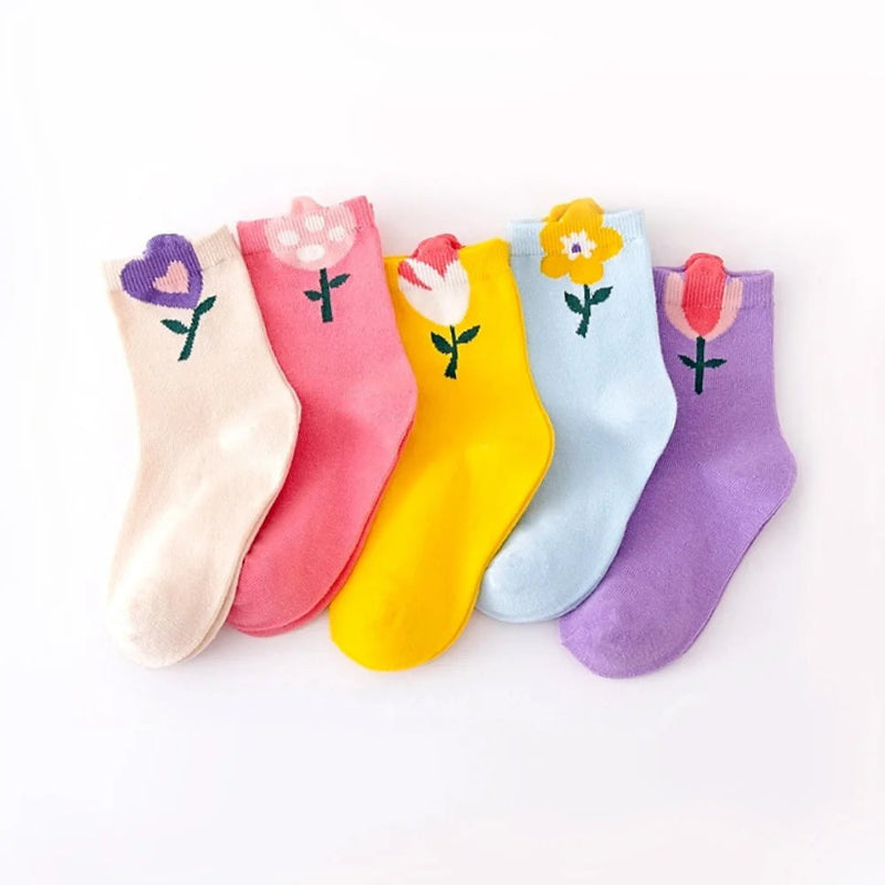 5 Pairs Girls Socks Cute Cartoon Flower Pattern Comfortable Breathable Kids Socks