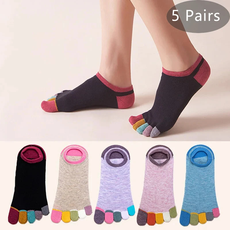 Women's Pure Cotton Socks Colorful Five-toe Low Cut for Summer 5 Pairs