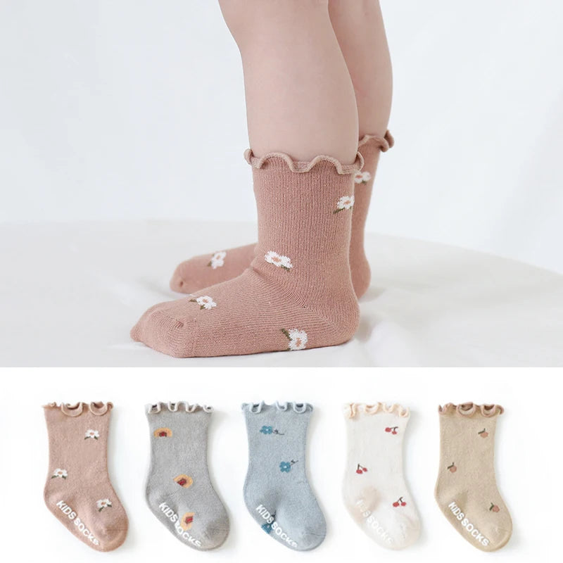 3 Pairs Baby Girl Crew Socks Anti-slip Floral Print Elastic Breathable Socks