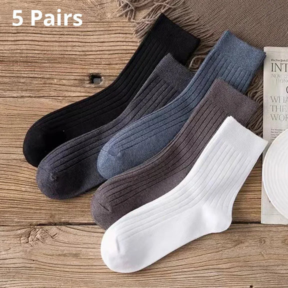 5 Pairs Men's Crew Casual & Dress Socks Polyester 5 Solid Colors Set
