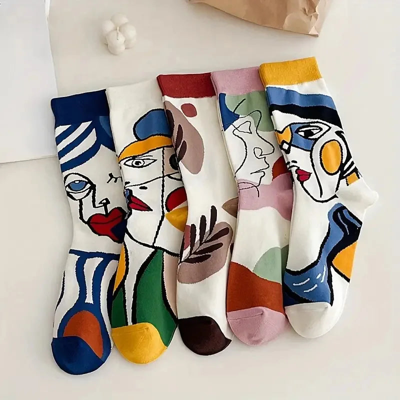 5 Pairs Soft Comfortable Calf Socks for Women Fashionable Cartoon Graffiti Art Printing