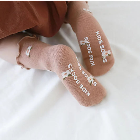 3 Pairs Baby Girl Crew Socks Anti-slip Floral Print Elastic Breathable Socks
