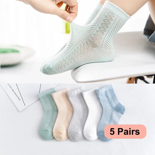 5 Pairs Girls Summer Socks Mesh Breathable Solid Color Crew Socks