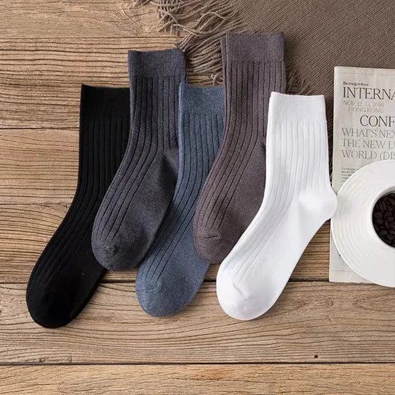 5 Pairs Men's Crew Casual & Dress Socks Polyester 5 Solid Colors Set