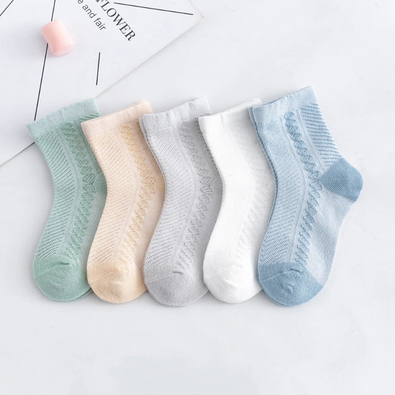 5 Pairs Girls Summer Socks Mesh Breathable Solid Color Crew Socks