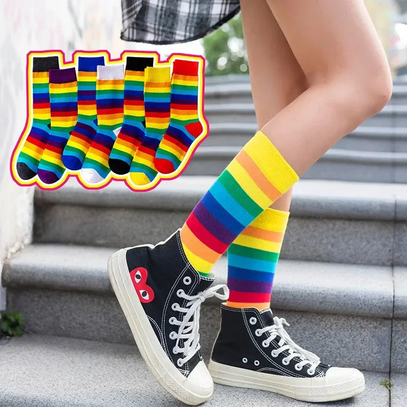 Women's Fashion Rainbow Striped Cotton Socks Calf Breathable Comfy 1 Pair