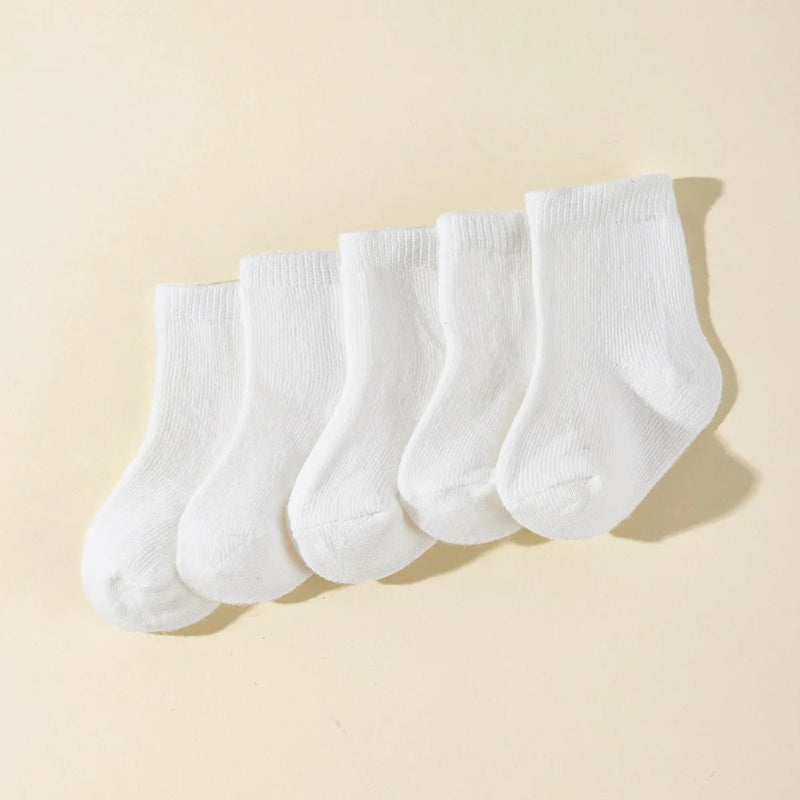 5 Pairs Children Cotton Socks Fashion White for 0-2 Years Toddlers Boys and Girls