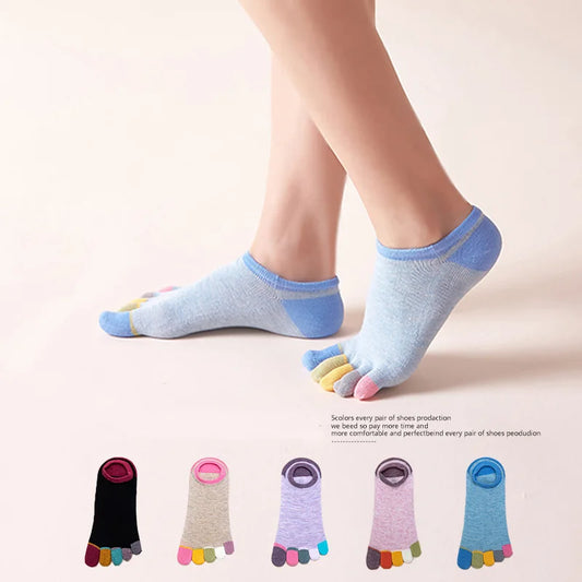 Women's Pure Cotton Socks Colorful Five-toe Low Cut for Summer 5 Pairs
