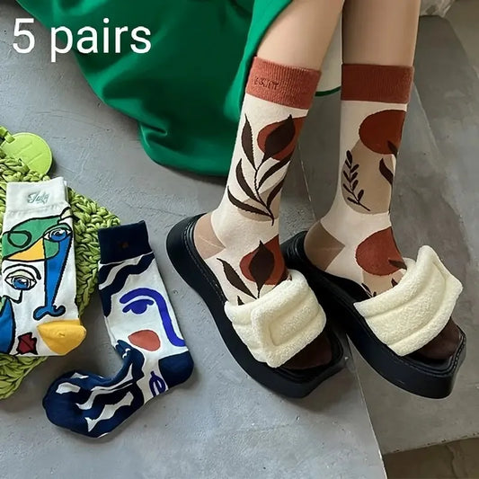 5 Pairs Soft Comfortable Calf Socks for Women Fashionable Cartoon Graffiti Art Printing