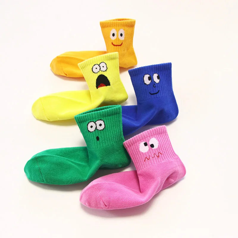 5 Pairs Kids Socks Fashion Cute Face Emotions Comfortable Breathable