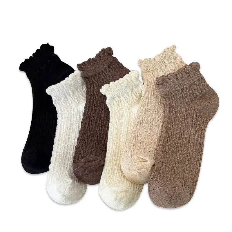 6 Pairs Women’s Lace Ankle Socks Solid Color Sweet Twist Design