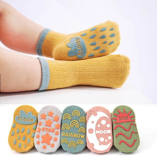 3 Pairs Kids Cotton Socks Non-slip Color Block Ankle Slipper Socks