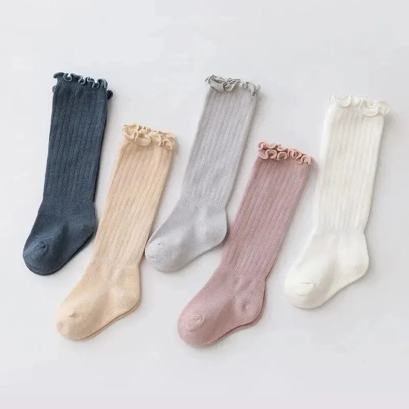 3 Pairs Baby Girls Socks Lace Frilly Solid Cotton Long Knee High Kids Socks