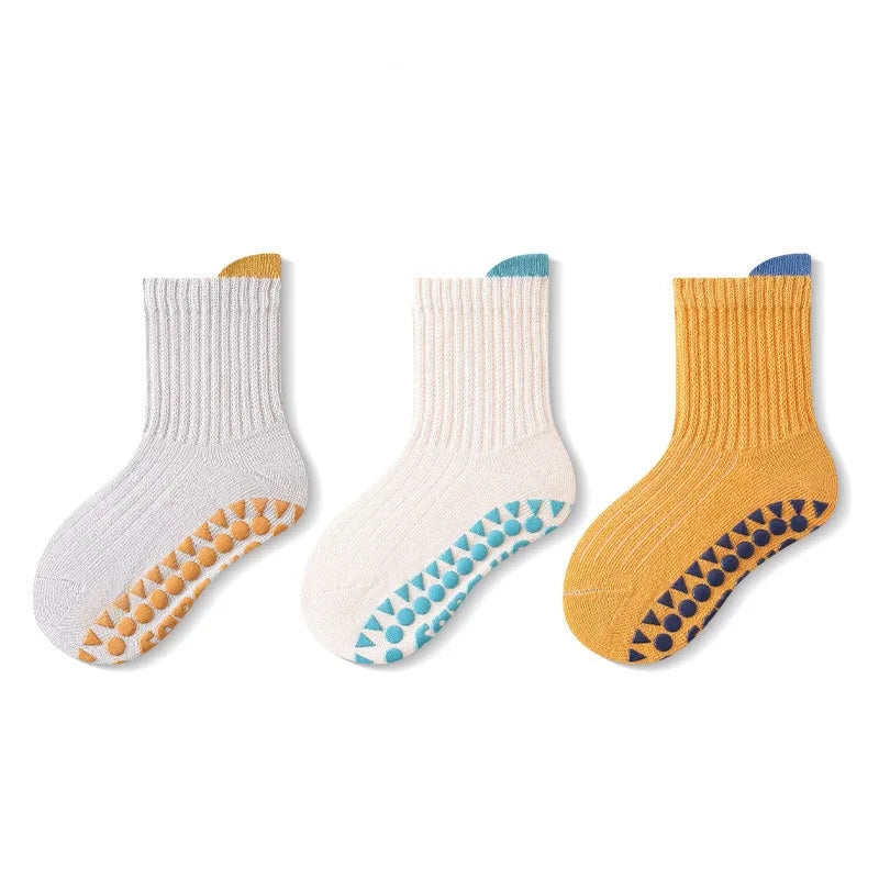 3 Pairs Kids Cotton Socks for Baby Boys and Girls Solid Non-slip Slipper Socks