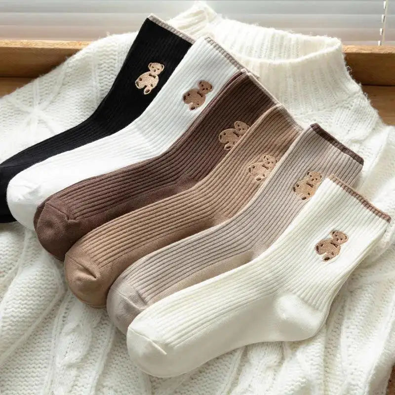 5 Pairs Bear Embroidery Crew Socks for Women Middle Tube Casual Socks