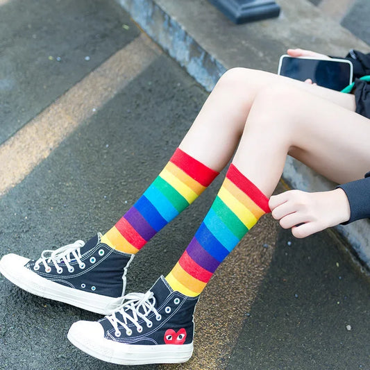 Women's Fashion Rainbow Striped Cotton Socks Calf Breathable Comfy 1 Pair