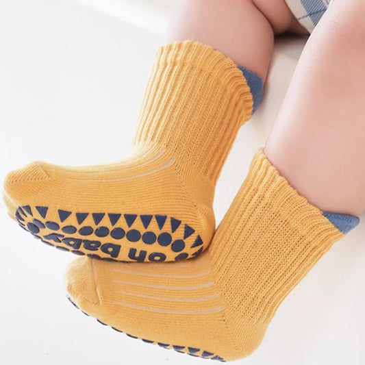 3 Pairs Kids Cotton Socks for Baby Boys and Girls Solid Non-slip Slipper Socks