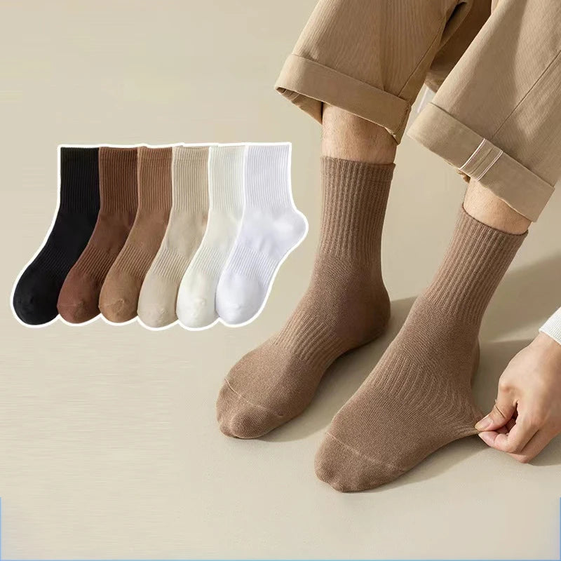 Men's Retro Solid Color Cotton Crew Socks for Casual Business Dress