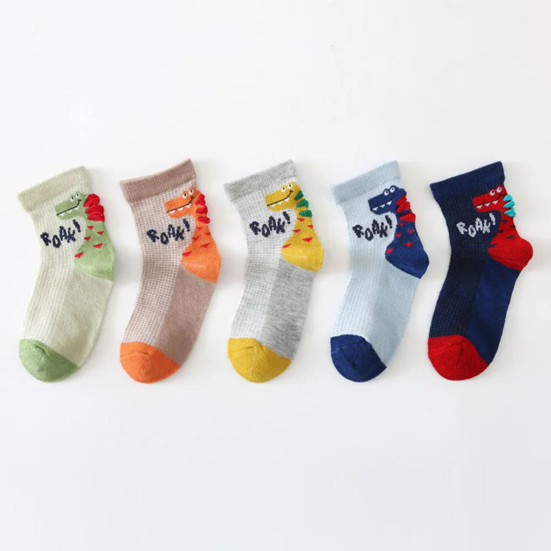 5 Pairs Kids Crew Socks Cartoon Dinosaur Mesh Breathable Comfy for Boys