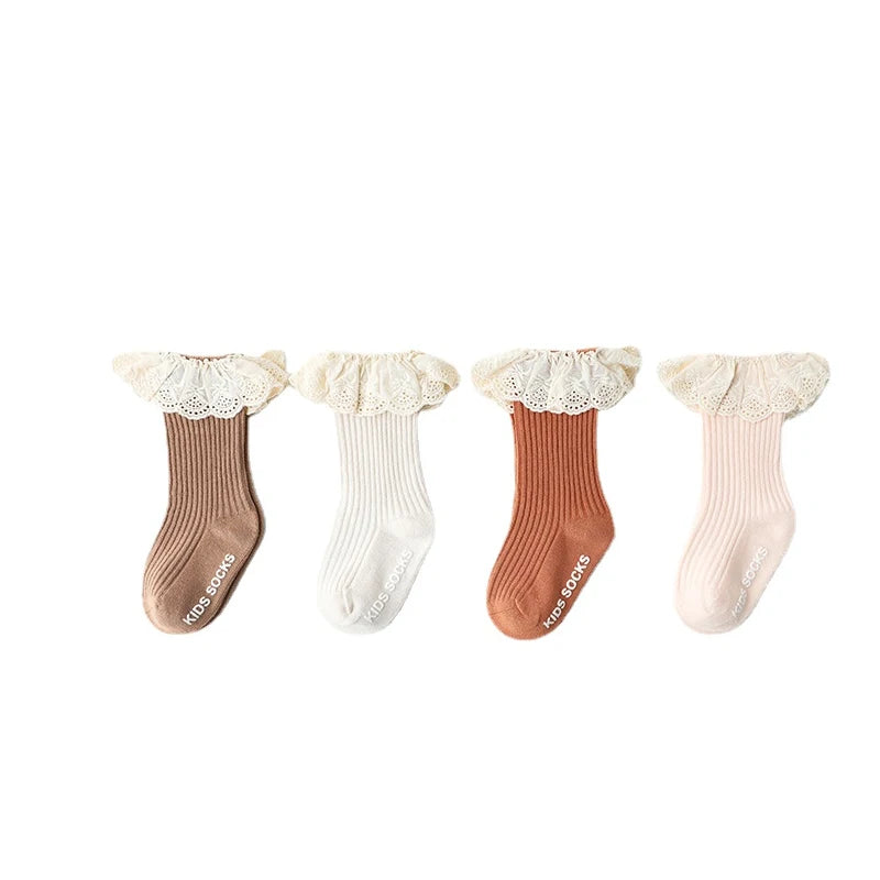 Baby Girl Knee High Cotton Socks Lace Trim Non-slip Floor Socks