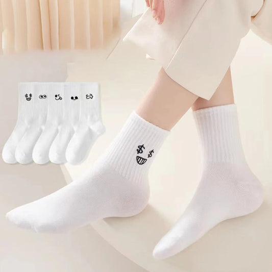 5 Pairs Women's Crew Socks Cute Expression Pattern Casual Socks