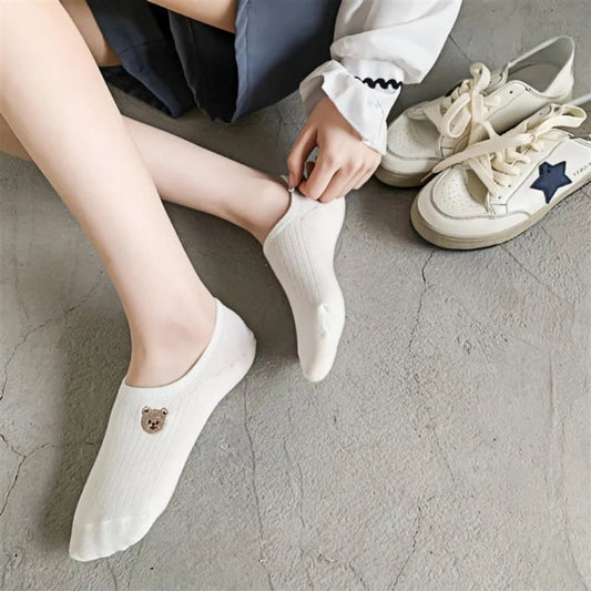Women's White Summer Socks Animal and Plant Cute Embroidery No-show 10 Pairs