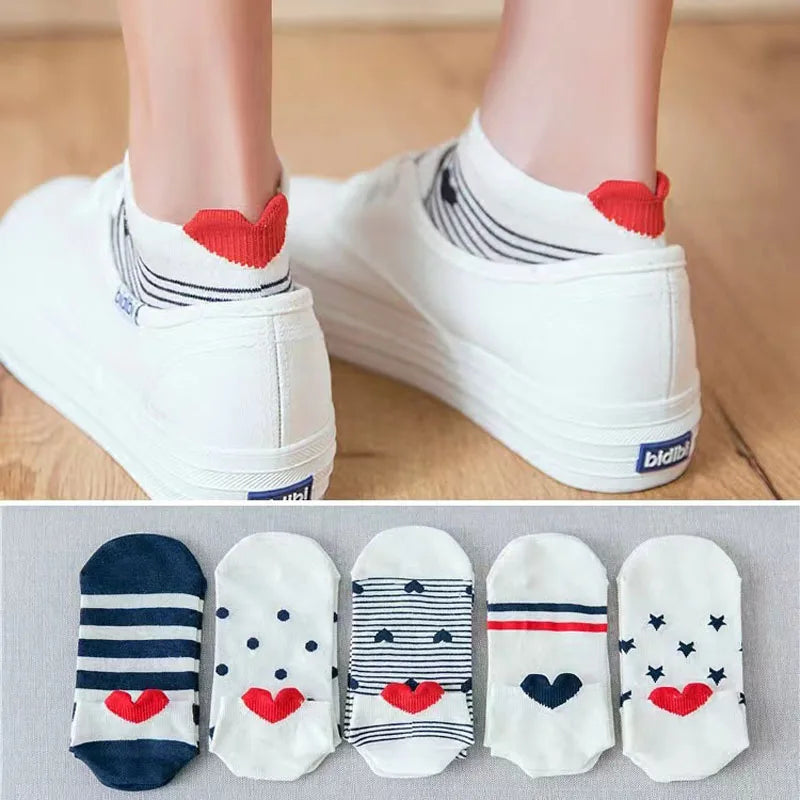 5 Pairs Women's Cotton Ankle Socks Lovely Heart Fashion White
