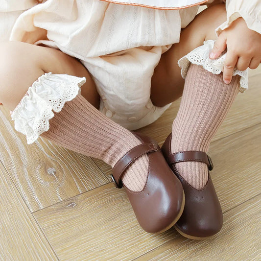 Baby Girl Knee High Cotton Socks Lace Trim Non-slip Floor Socks